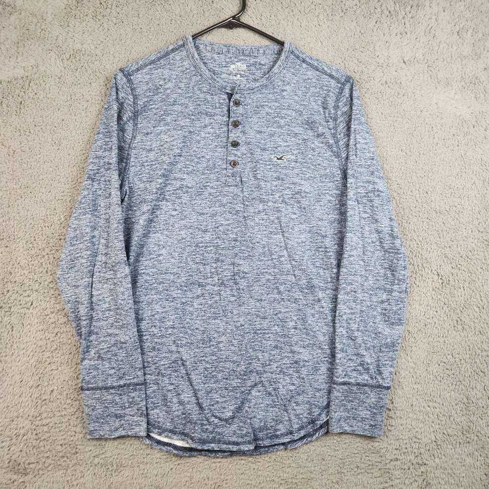 Hollister Henley Tee Mens Small Blue Long Sleeve Curved Hem Casual Basic Shirt